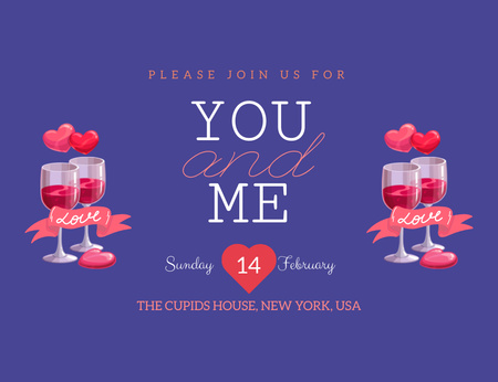 Szablon projektu Valentine's Day Party Announcement With Wineglasses Invitation 13.9x10.7cm Horizontal
