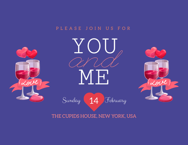 Valentine's Day Party Announcement With Wineglasses Invitation 13.9x10.7cm Horizontal – шаблон для дизайну