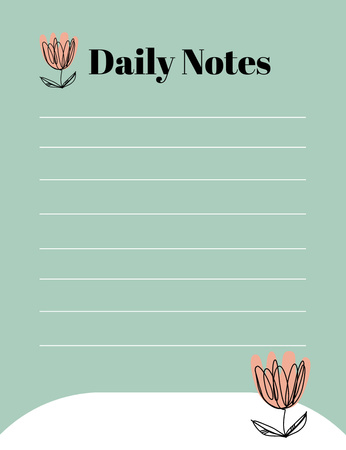 Daily Notes Planner with Cute Flowers in Green Notepad 107x139mm Design Template