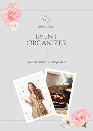 Event Organizer Services With Cake And Flowers Postcard A6 Vertical tervezősablon