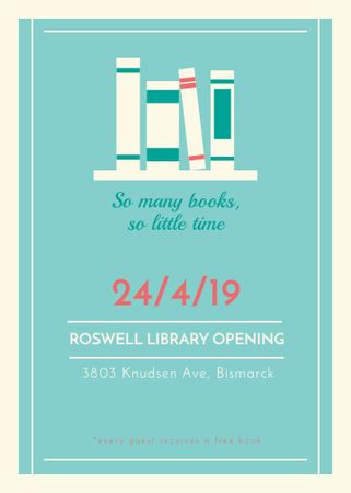 Library Opening Announcement with Books on Shelf Invitation Design Template