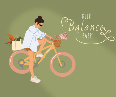 Woman riding Bike with Flowers and Grocery Facebook Design Template
