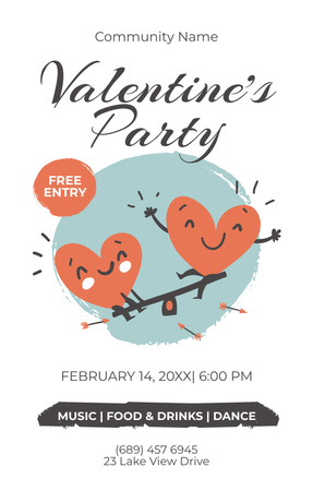 Valentine's Day Party Announcement with Cute Cartoon Hearts Invitation 4.6x7.2in Design Template