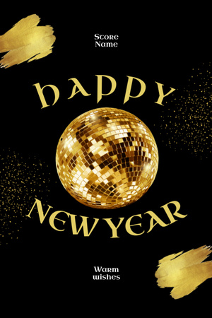 Designvorlage New Year Holiday Greeting with Golden Disco Ball für Postcard 4x6in Vertical