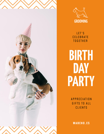 Birthday Party Announcement with Young Woman and Dog Poster 8.5x11in Design Template