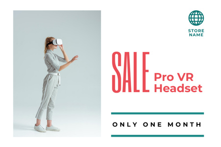 Plantilla de diseño de VR Headsets Sale Ad with Woman Using Virtual Reality Glasses Flyer 4x6in Horizontal 