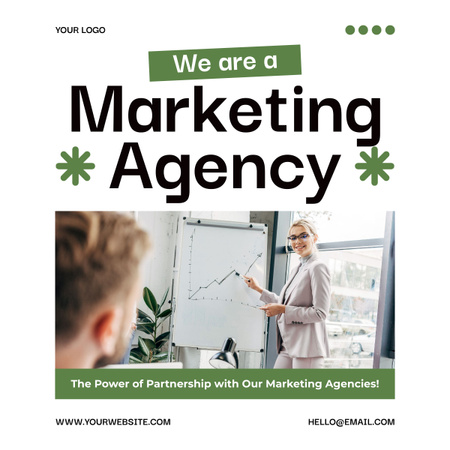 Plantilla de diseño de Servicios de agencia de marketing con mujer mostrando gráfico LinkedIn post 