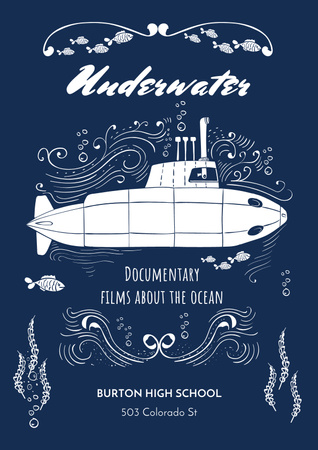 Documentary Film about Underwater with Submarine Poster Design Template