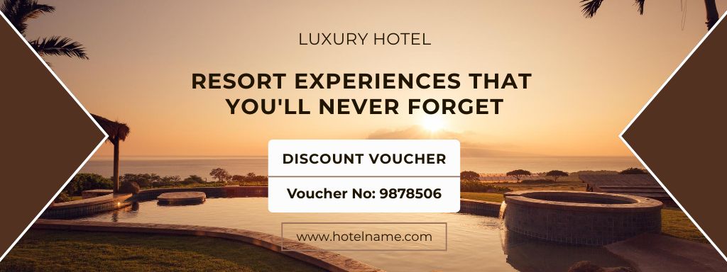 Luxury Hotel Ad with Big Pool on Beautiful Sunset Couponデザインテンプレート