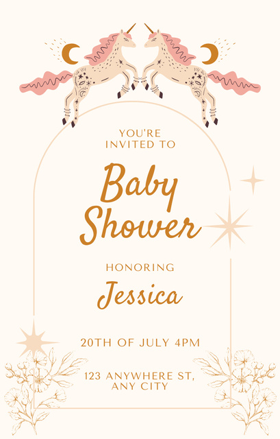 Plantilla de diseño de Baby Shower Event with Unicorn Invitation 4.6x7.2in 