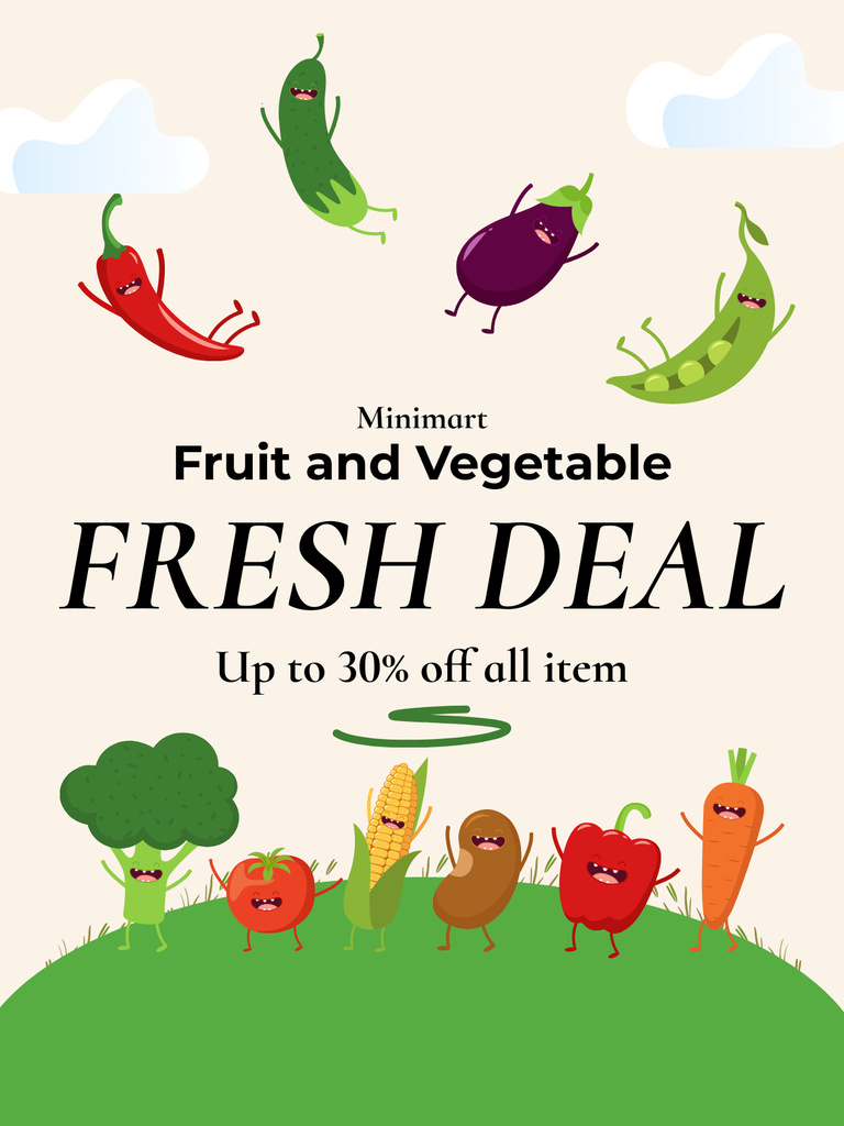 Happy Cartoon Fruits and Vegetables for Grocery Store Ad Poster US – шаблон для дизайна
