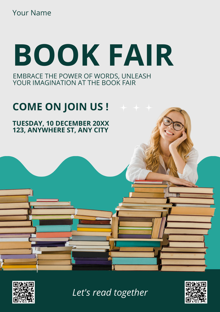 Book Fair Event Ad with Stacks of Books Poster Tasarım Şablonu