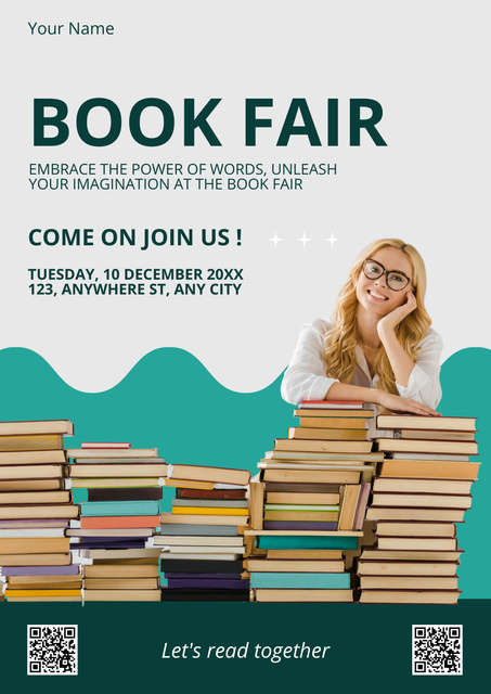Book Fair Event Ad with Stacks of Books Poster Modelo de Design