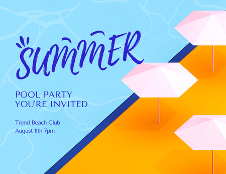 Designvorlage sommer-pool-party mit sonnenschirmen angekündigt für Invitation 13.9x10.7cm Horizontal