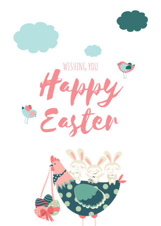 Modèle de visuel Beaux souhaits de Pâques avec du poulet et des lapins - Postcard 5x7in Vertical
