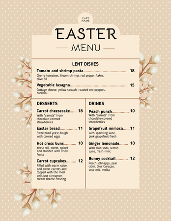 Easter Meals Offer with Spring Pussy Willow Twigs Menu 8.5x11in Design Template