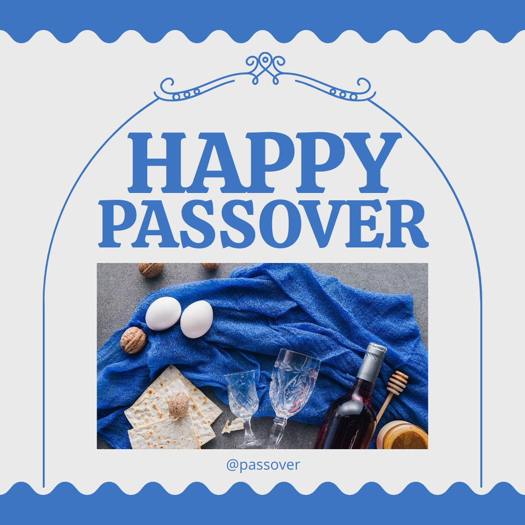 Passover Greeting with Wine on Blue Instagram Design Template