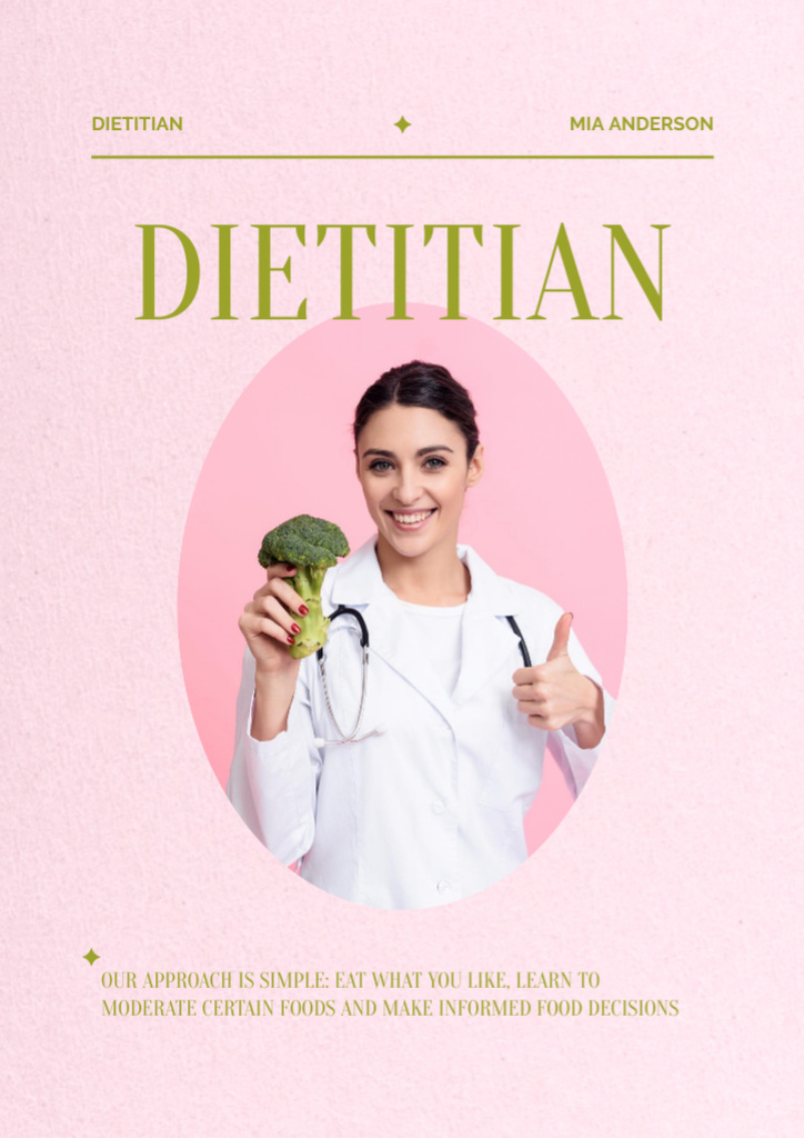 Dietitian Services Offer with Female Doctor Holding Broccoli Flyer A4デザインテンプレート