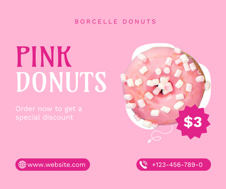 Ontwerpsjabloon van Facebook van Lekkere donut met marshmallow in roze aanbieding