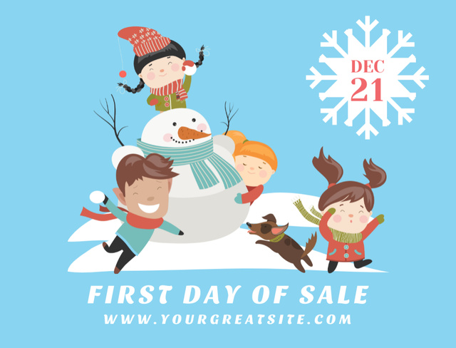 Plantilla de diseño de First Day Of Winter With Kids near Snowman Postcard 4.2x5.5in 