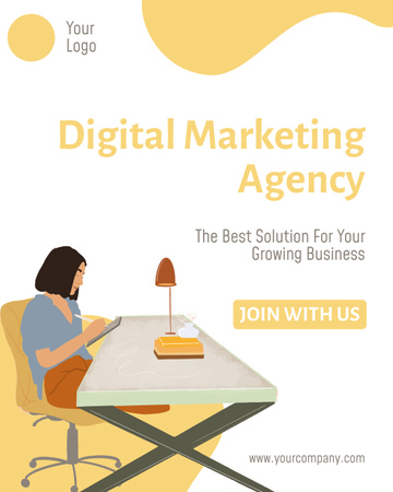 Template di design Servizi di agenzia di marketing digitale con imprenditrice sul posto di lavoro Instagram Post Vertical