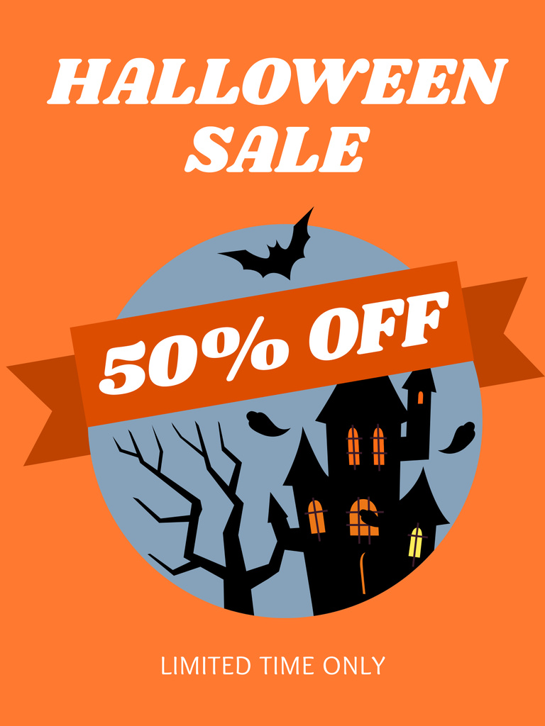 Halloween Holiday Discounts Ad with Castle Poster 36x48in Πρότυπο σχεδίασης