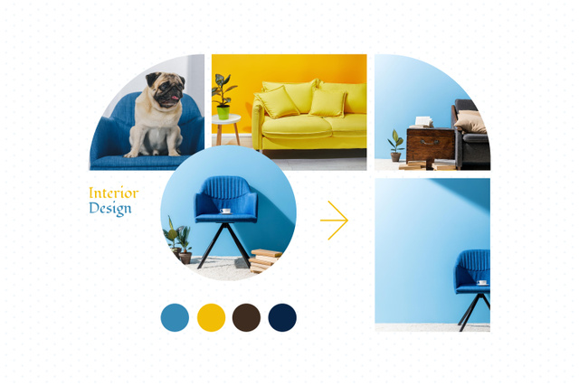 Interior Design in Blue and Yellow for Dog Owner Mood Board Tasarım Şablonu