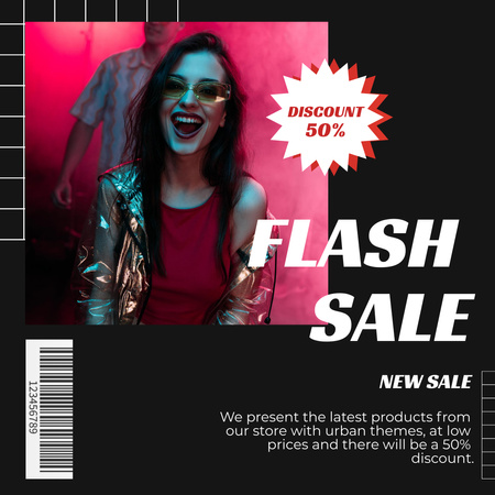 Flash Sale with Smiling Woman in Bright Outfit Instagram Design Template