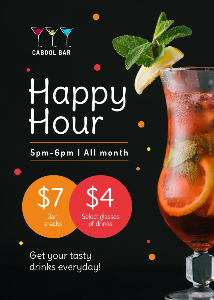 Ontwerpsjabloon van Flayer van Bar Happy Hours Offer with Cold Cocktail in Glass