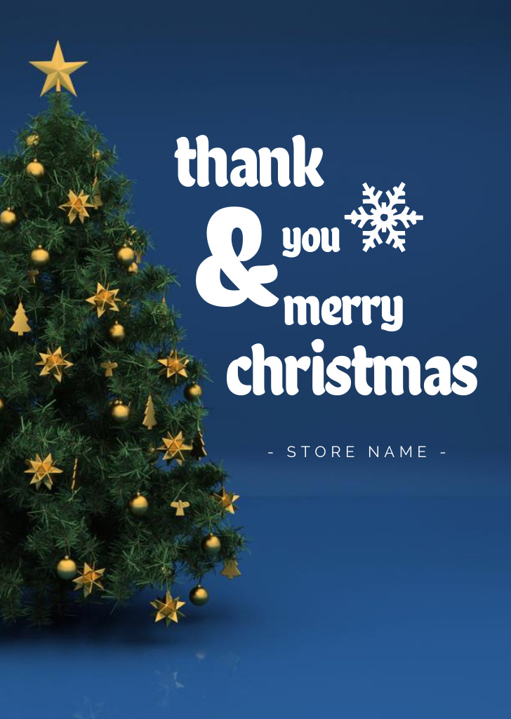 Christmas Cheers and Thank You with Tree on Blue Postcard A6 Vertical Design Template