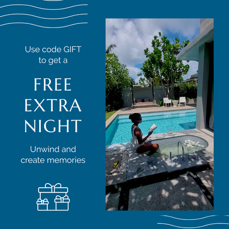 Plantilla de diseño de Código promocional para noche extra gratis en hotel con piscina Animated Post 
