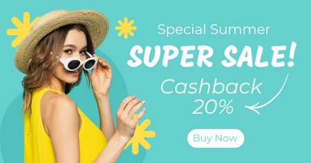 Summer Sale Announcement with Girl in Sunglasses and Hat Facebook ADデザインテンプレート