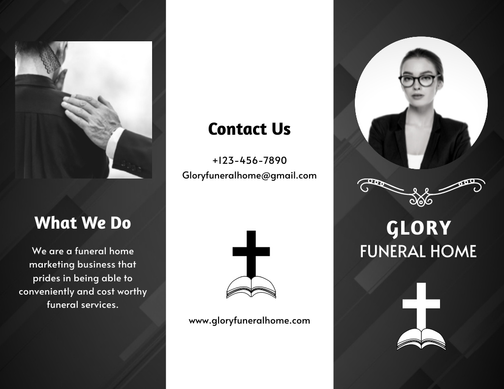 Funeral Home Ad in Black and White Brochure 8.5x11in Šablona návrhu