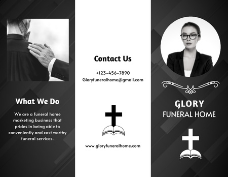 Plantilla de diseño de Anuncio de funeraria en blanco y negro Brochure 8.5x11in 