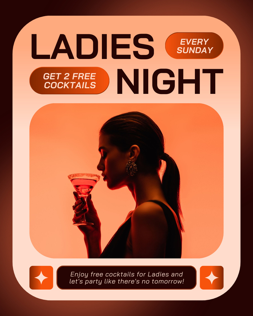 Promotional Offer for Cocktails and Drinks on Lady's Night Instagram Post Vertical Tasarım Şablonu