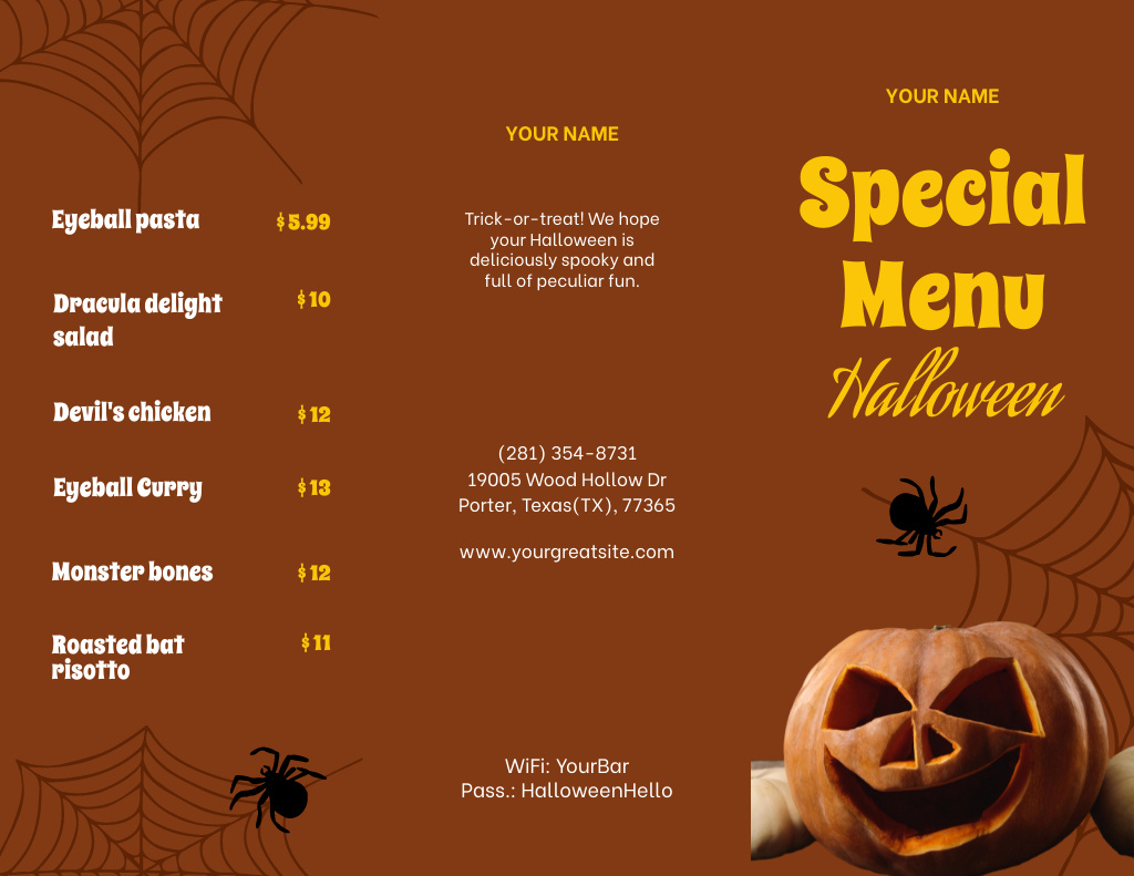 Halloween Foods Special Menu 11x8.5in Tri-Fold – шаблон для дизайну