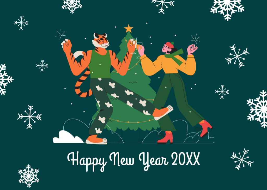New Year Holiday Greeting With Dancing Tiger Postcard 5x7in Design Template