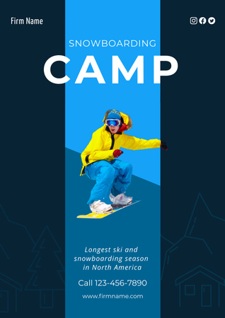 Anúncio de acampamento de snowboard aventureiro em azul Poster Modelo de Design