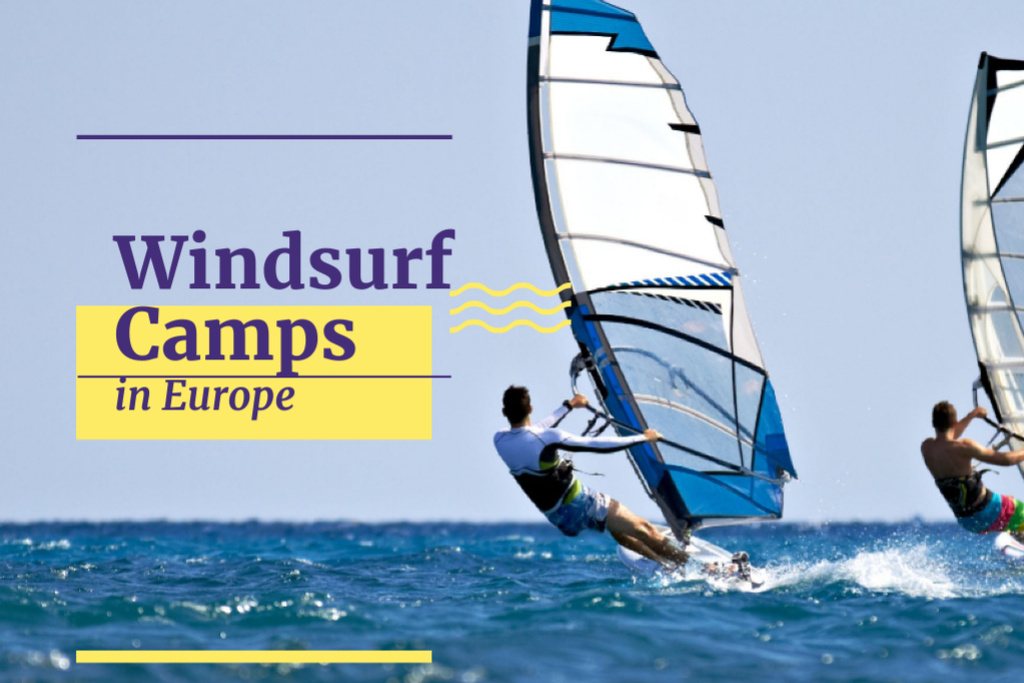 Ontwerpsjabloon van Postcard 4x6in van Windsurf Camps With Surfer in Sea