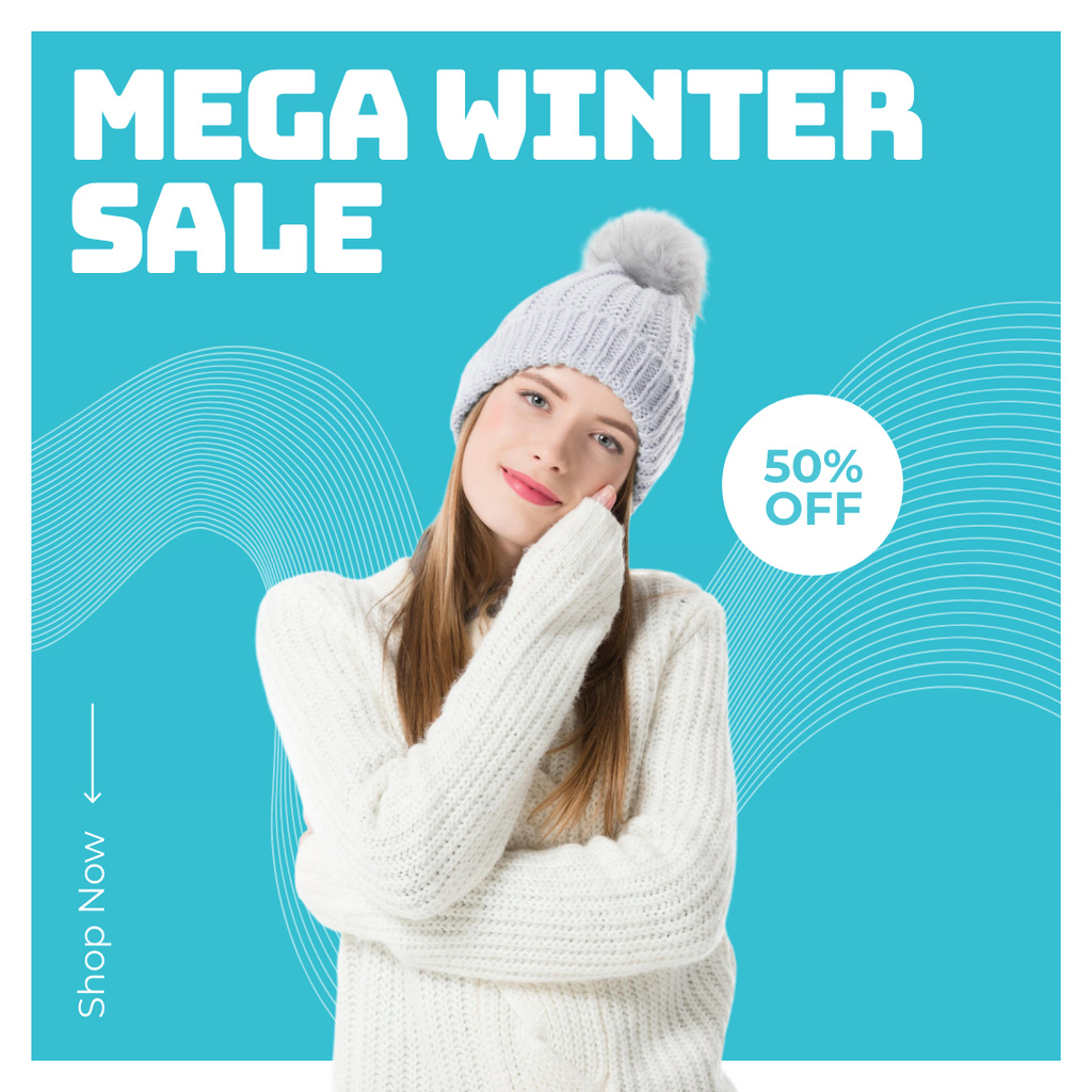 Mega Winter Sale Announcement with Young Woman in White Hat Instagram Design Template