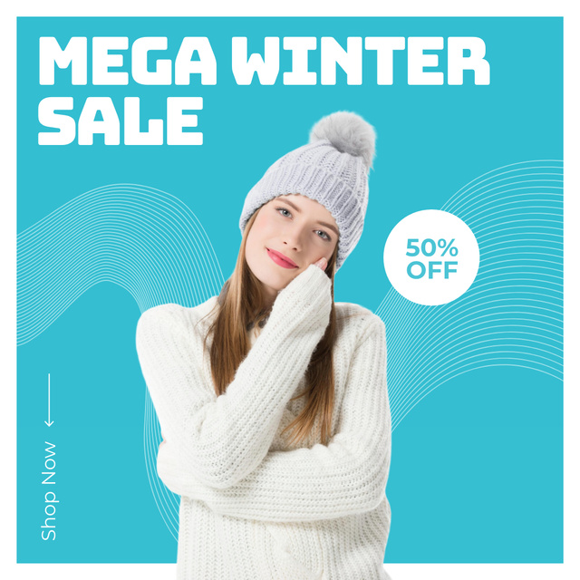 Designvorlage Mega Winter Sale Announcement with Young Woman in White Hat für Instagram
