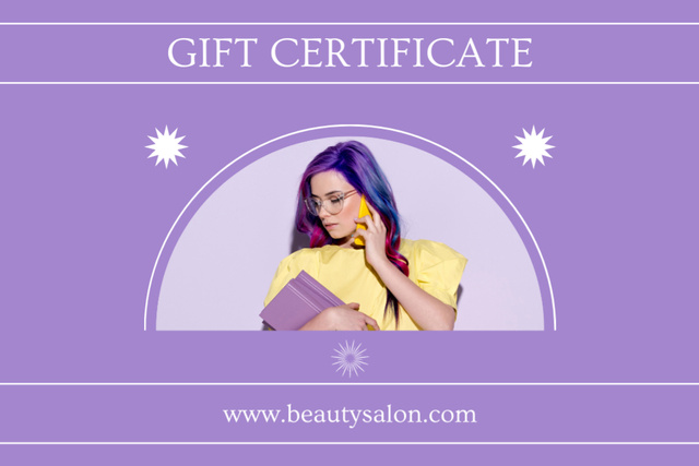 Platilla de diseño Beauty Salon Ad with Woman with Creative Bright Haircut Gift Certificate
