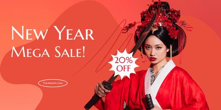 Oferta de desconto de ano novo chinês com gueixa em vermelho Twitter Modelo de Design