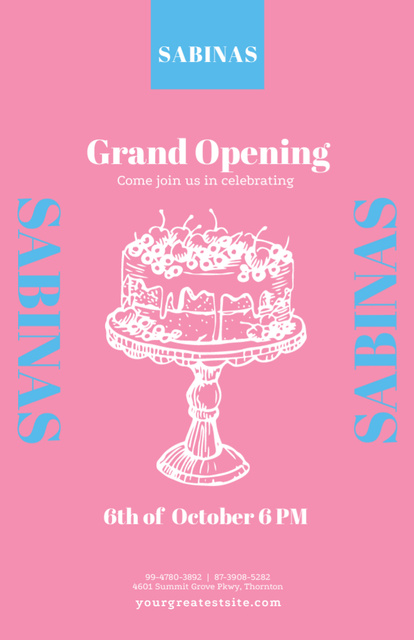 Delicious Cake With Berries For Cafe Opening Ad on Pink Invitation 5.5x8.5in Design Template