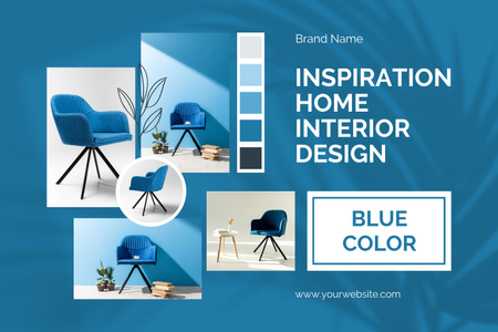 Sininen tuoli erilaisissa sisustusmalleissa Mood Board Design Template
