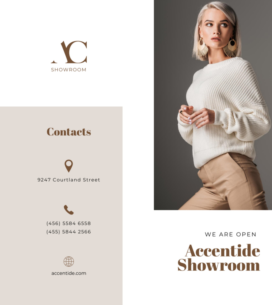 Fashion Showroom Ad with Blonde Woman Brochure 9x8in Bi-fold Tasarım Şablonu