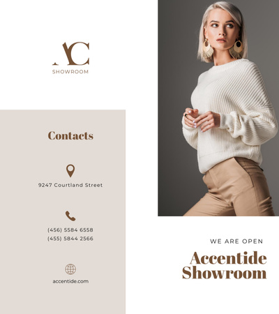 Sarışın Kadınla Moda Showroom Reklamı Brochure 9x8in Bi-fold Tasarım Şablonu