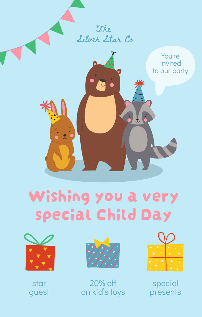 Platilla de diseño Children's Day Party with Cute Animals Invitation 4.6x7.2in