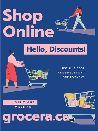 Designvorlage Online Shop Offer Women with groceries in baskets für Poster US