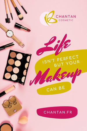 Citação de beleza com produtos de maquiagem na mesa Pinterest Modelo de Design
